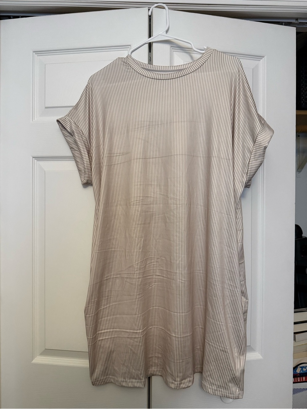 SHEIN Beige Pinstripe Short-Sleeve Dress